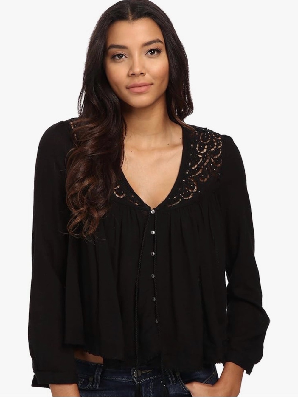 Free People “doing it right” black Crochet Yoke lace Blouse raw edge large